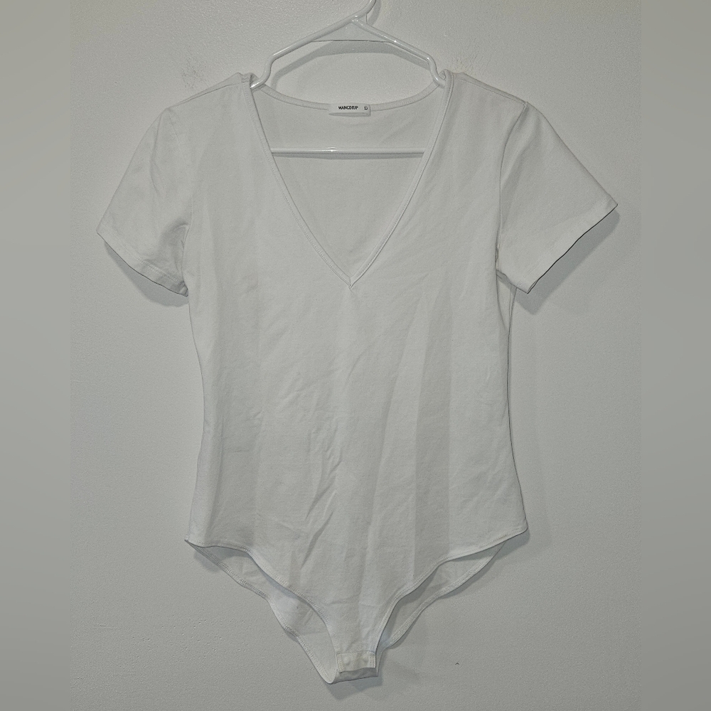 MANGDIUP Women's White Solid Short Sleeve V-Neck One Piece Bodysuit Size Large